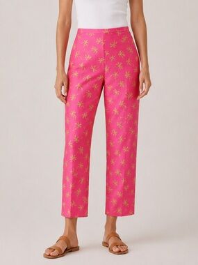 Y2K Pink Palm Tree Silk Pants Sz 4 Coastal‎ Tropical Barbiecore Vacation Cruise